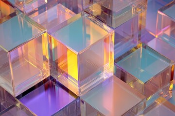 A vibrant arrangement of translucent cubes, showcasing iridescent colors and a three-dimensional geometric pattern.