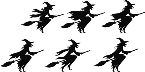 Flying witch silhouettes on broomsticks, spooky Halloween artwork, mystical fantasy characters, pointed hat witches, eerie folklore design, magical illustration, dark night theme