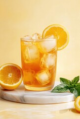 Fototapeta premium Refreshing glass of ice-cold sweet tea with citrus slices, perfect for summer relaxation and freshness