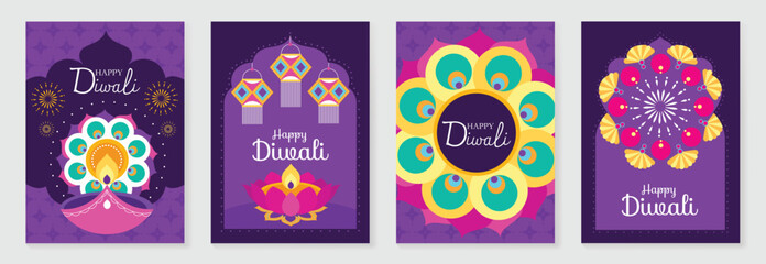Happy Diwali light festival poster vector set. Diwali festival wallpaper design with colorful lantern, floating lights, firework. Culture Illustration design for celebration, greeting, card, ads.