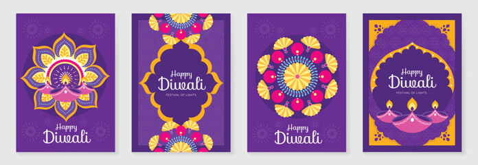 Happy Diwali light festival poster vector set. Diwali festival wallpaper design with colorful lantern, floating lights, firework. Culture Illustration design for celebration, greeting, card, ads.