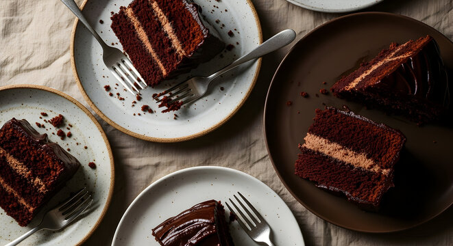 Slices of rich chocolate layer cake served on plates with forks perfect for dessert menus and culinary presentations