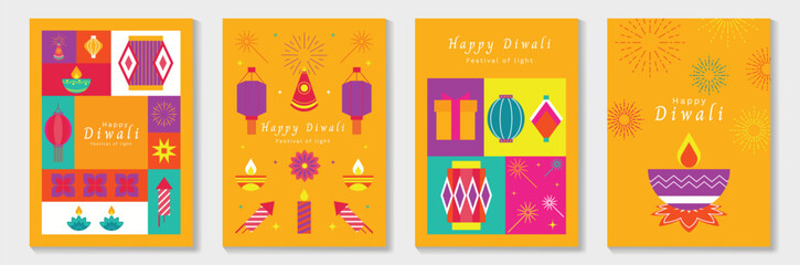 Happy Diwali light festival poster vector set. Diwali festival wallpaper design with colorful lantern, floating lights, firework. Culture Illustration design for celebration, greeting, card, ads.