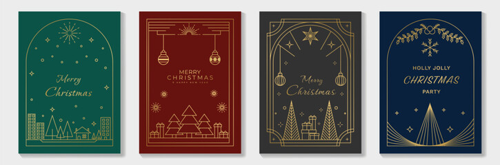 Colorful Merry Christmas and Happy New Year greeting card vector set with golden line art trees, ornaments, stars, festive cityscape, and elegant holiday decorations