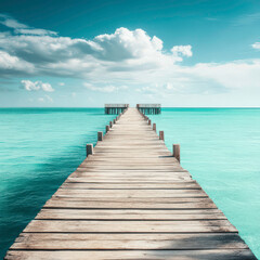 A wooden pier with a pier walkway leading to the water. The pier is surrounded by a beautiful blue ocean