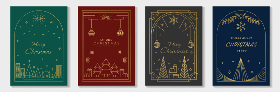 Colorful Merry Christmas and Happy New Year greeting card vector set with golden line art trees, ornaments, stars, festive cityscape, and elegant holiday decorations