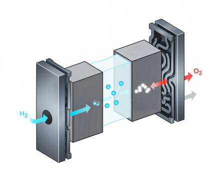 Exploded view diagram of a Fuel Cell Stack component, showing gas flow (H2 and O2), gas diffusion layers, and the flow field plate structure for clean energy generation