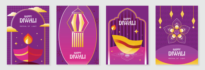 Happy Diwali light festival poster vector set. Diwali festival wallpaper design with colorful lantern, floating lights, firework. Culture Illustration design for celebration, greeting, card, ads.