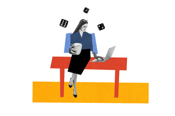 Creative photo collage image young woman lady browse laptop computer drink coffee internet gambling dice combination fortune luck