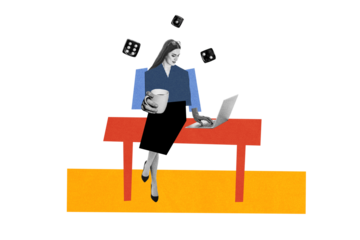 Creative photo collage image young woman lady browse laptop computer drink coffee internet gambling dice combination fortune luck