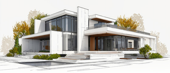 Sleek modern architectural design of a house with a spacious layout and surrounding greenery