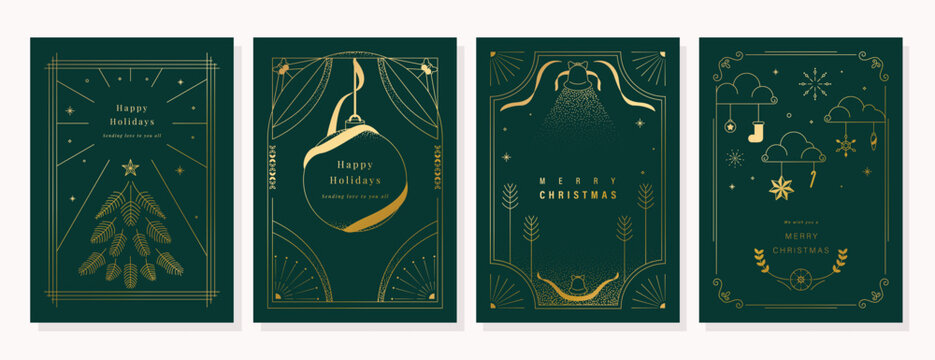 Elegant Merry Christmas and Happy New Year greeting card vector set with gold line art decorations, green background, holiday frames for celebration
