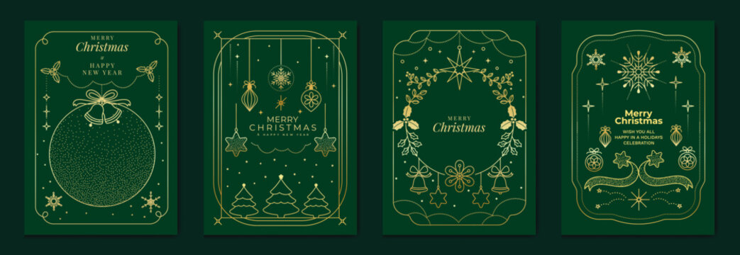 Elegant Merry Christmas and Happy New Year greeting card vector set with gold line art decorations, green background, holiday frames for celebration - Powered by Adobe