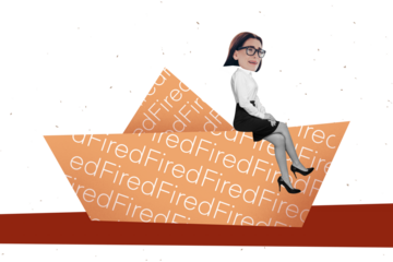 Photo collage artwork minimal picture of lady getting fired swimming paper origami boat isolated creative background