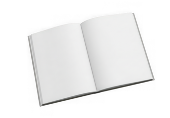 Blank open book with white pages ready for content and design mockups isolated on transparent background