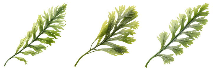  Set of a single fresh green seaweed frond with gentle texture and fine details isolated on a transparent background