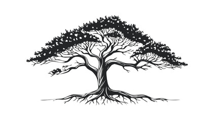Black vector illustration of a tree silhouette with branches, leaf, and a bird for nature design
