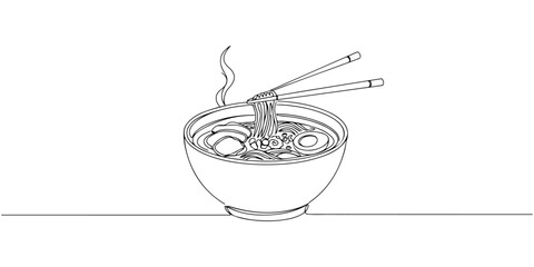Continuous one line of steaming bowl of ramen with chopsticks, style drawing vector illustration.
