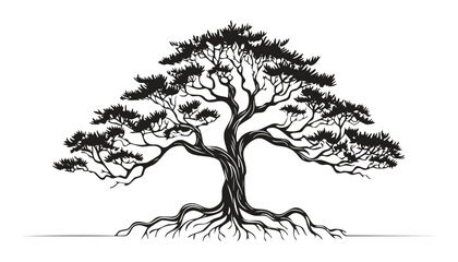 Vector illustrations and sketches depict a dinosaur silhouette and a tree in black and white drawing art, blending animal and nature design © Monjurul