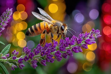 Honey bee on vibrant purple flowers, collecting nectar, with colorful bokeh.