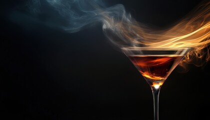 Elegant martini glass with flowing liquid and ethereal smoke on dark background creating a mystical and sophisticated atmosphere