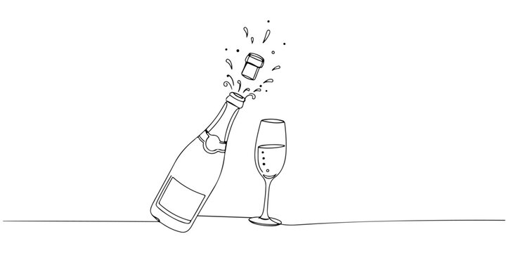 Continuous one line drawing of champagne bottle and glass cup, minimalist celebration theme, style drawing vector illustration.