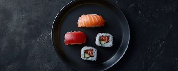 Minimalist sushi presentation on elegant black plate with nigiri and sushi rolls showcasing fresh ingredients and artistic design.