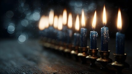 A row of blue Hanukkah candles burns in a golden menorah on a wooden surface creating a warm spiritual atmosphere with bokeh lights