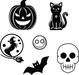 Halloween Silhouette Vector Set – Black Icons of Pumpkin, Cat, Witch, Skull, Moon, and Bat – Spooky Minimalist Design for Stickers, Party Decor, Posters, and Seasonal Graphic Elements