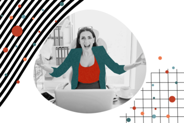 Composite photo collage of angry businesswoman sit office workplace failure deal deadline stress supplies isolated on painted background