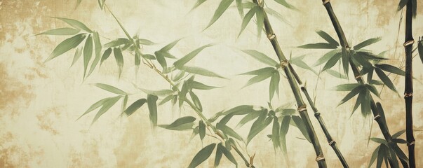 Fototapeta premium Tranquil painting of bamboo with light green leaves creating a serene and calming atmosphere on a textured background for art lovers and home decor enthusiasts.