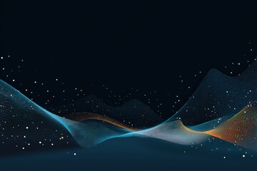 Abstract digital design featuring dynamic, interconnected lines and shimmering particles, creating a captivating visual effect with soft teal, orange, and white tones, set against a deep navy...