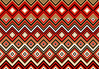 Abstract geometric zigzag pattern in red, gold, black, and white, with a vibrant and dynamic tribal ethnic aesthetic