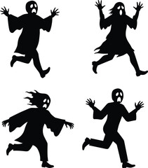 Ghostly running silhouettes, spooky cartoon figures, frightened characters, eerie Halloween artwork, scary horror design, dark fantasy illustration, haunted spirit theme, dramatic motion
