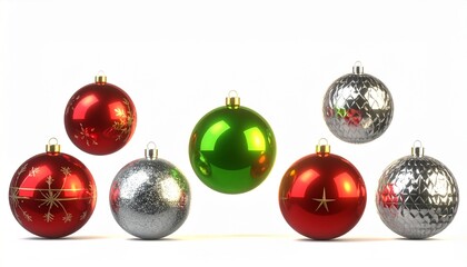 A festive collection of decorative red, green, and silver Christmas holiday ornaments isolated on a clean white background