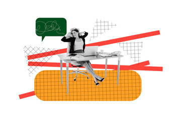 Composite trend artwork sketch image 3D photo collage of office manager comfy table armchair young lady sit relax speech cloud formalwear