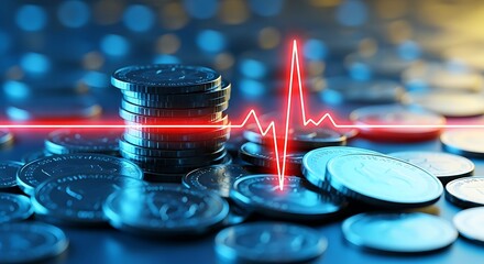 Financial market graph overlay on stacked coins symbolizing economic growth and decline