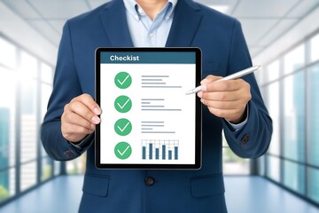 Businessman holding tablet showing checklist with checkmarks and charts