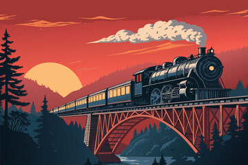 Steam train crossing a red bridge at sunset with pine trees.