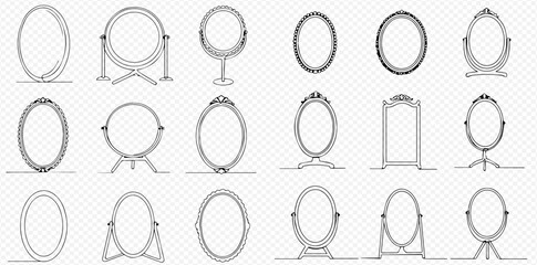 A collection of various outline drawings of vintage and modern mirrors with different shapes and stands, including oval, round, and rectangular designs for vanity and dressing tables. © Lunara Arts