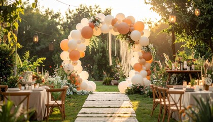 Outdoor wedding reception setup with floral arch and dining tables decorated for a celebration