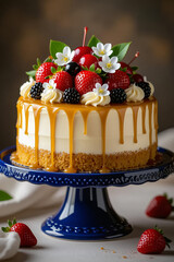 A decadent gourmet cake on an ornate cobalt-blue ceramic pedestal, layered with creamy white frosting and golden caramel drizzle flowing languidly down the sides. The top is lavishly decorated with fr