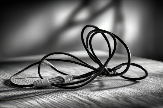 Dramatic black and white still life: tangled audio cable and jack on wood. - Powered by Adobe