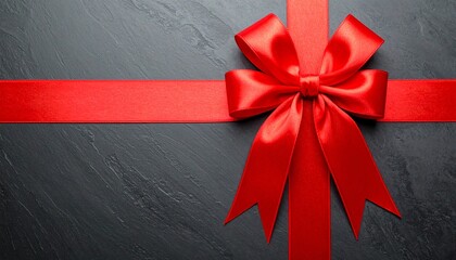 An elegant red ribbon and a large festive bow tied for a special holiday present, symbolizing a Christmas gift on a dark, textured slate background