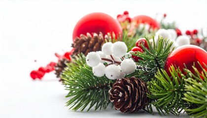 Festive Christmas decor with green fir branches, bright red baubles, natural pine cones, and delicate white snowberries, embodying the joyful spirit of winter holiday celebrations