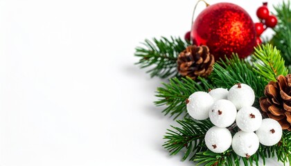 Festive Christmas Decoration with Snowberries, Red Bauble, Pinecones, and Green Fir Twigs on a White Background