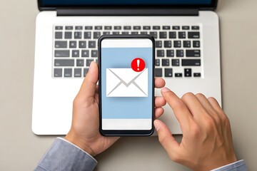 Person holding smartphone with email notification over laptop keyboard
