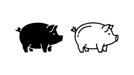 Pig icons with outline and solid fill with transparent background