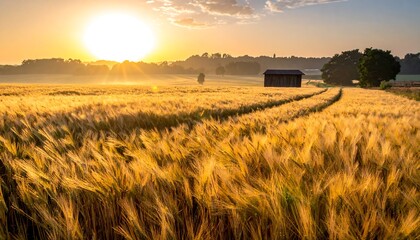 A sunlit field of golden wheat under a bright sky. A small shed sits in the distance as the sun sets