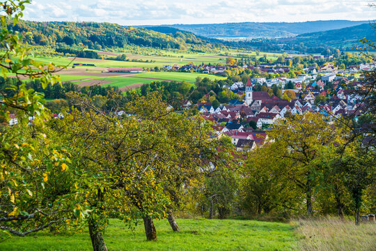 Germany, Rudersberg city panorama view above houses, roofs and green nature landscape on sunny day in rems murr kreis region